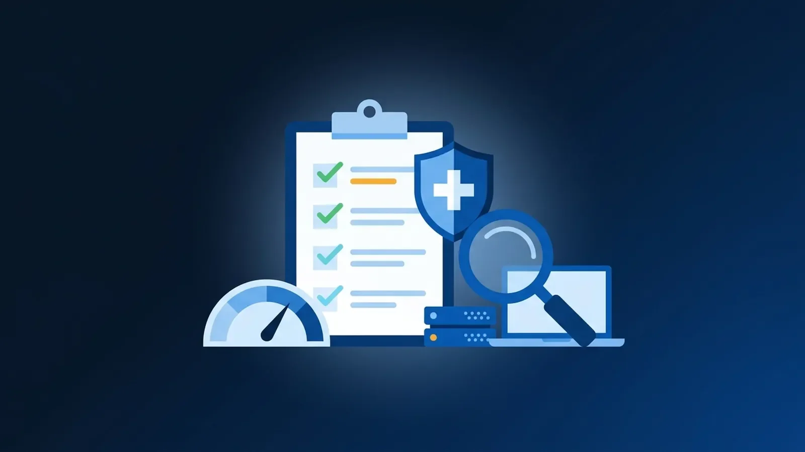 Illustration of a HIPAA risk assessment checklist with a medical shield, a magnifying glass over a laptop and server, and a risk gauge