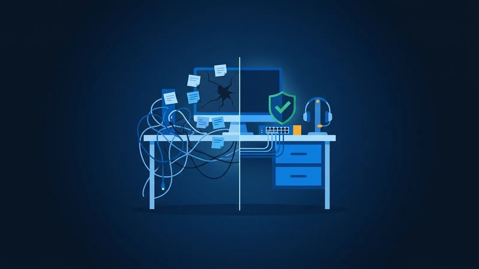 Illustration of a cluttered office desk with tangled cables beside the same desk organized, with a support headset and a security shield