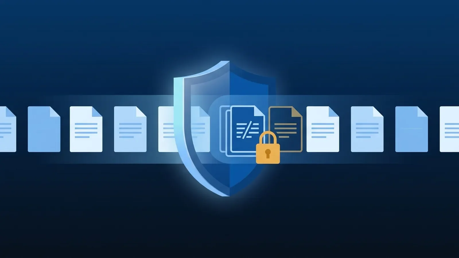 Illustration of documents passing through a data loss prevention shield that locks a sensitive file