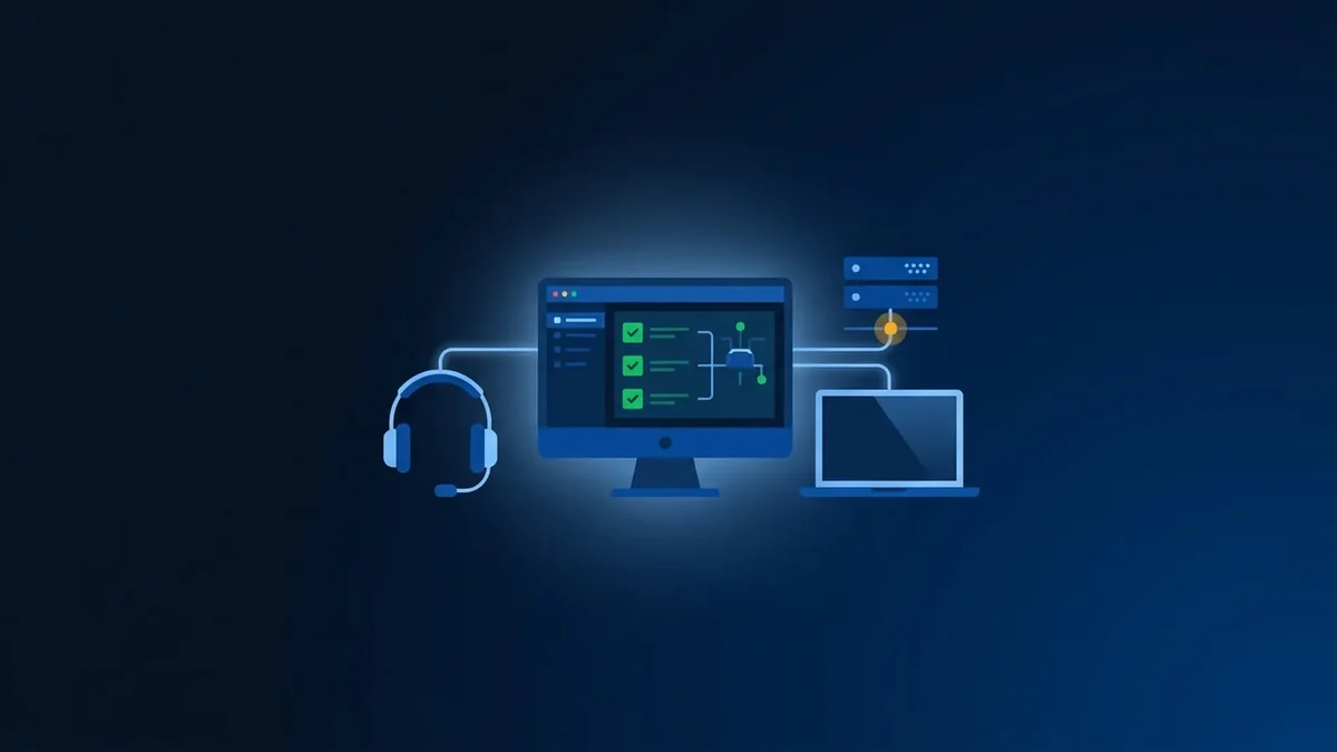 Illustration of a support headset, a monitoring dashboard with green status checks, a laptop and a small server