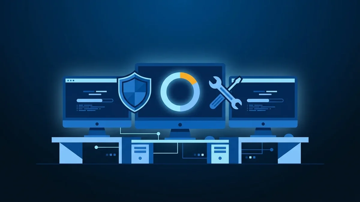 Illustration of three office computers receiving updates, with a progress ring, repair tools and a security shield