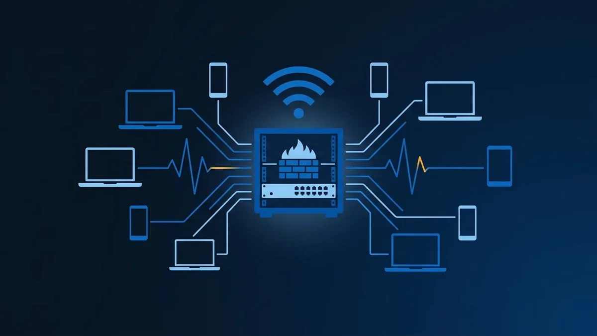 Illustration of a firewall and network switch connected to laptops and phones over Wi-Fi, with a monitoring pulse line