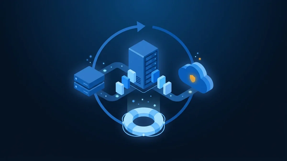 Illustration of data flowing from an office server to backup drives and the cloud, with a restore arrow and a lifebuoy