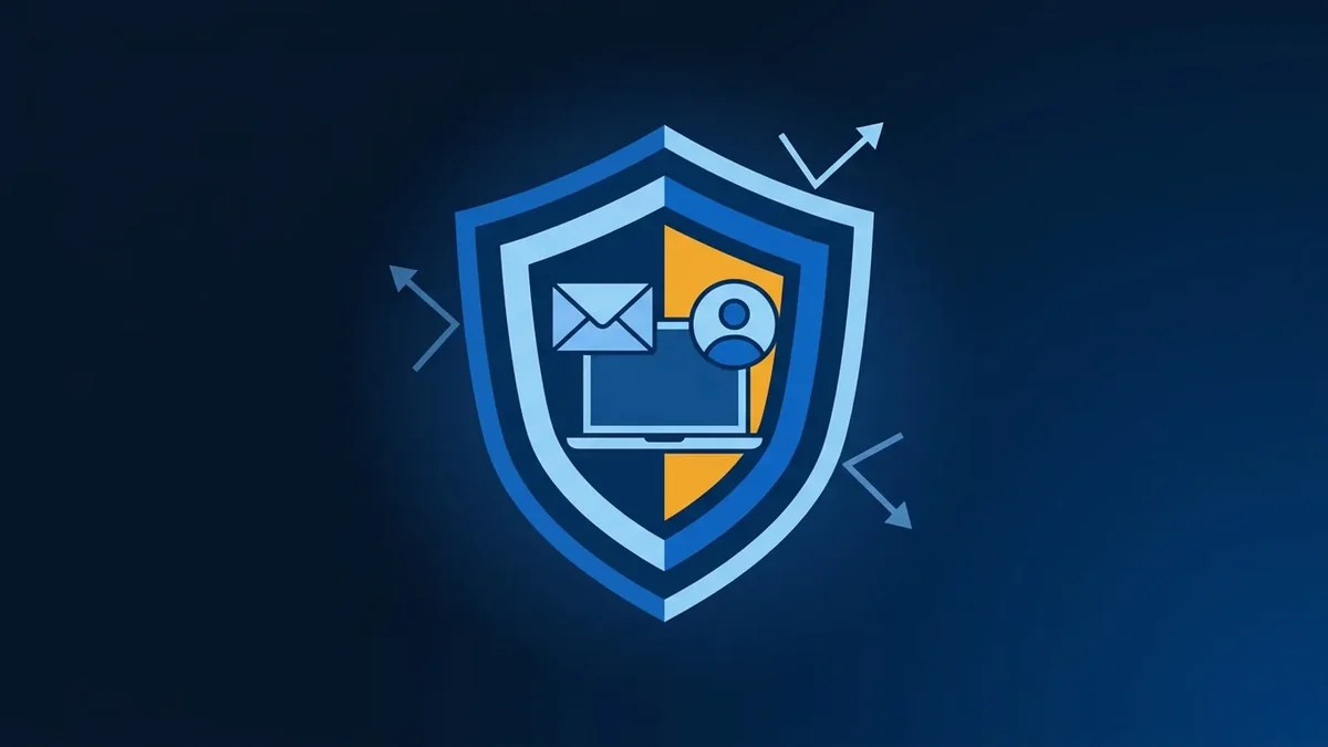 Illustration of a layered security shield protecting a laptop, email and a user account from incoming threats