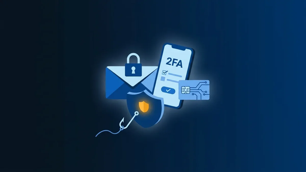 Illustration of a locked email, a phone showing a two-factor prompt and a key card, with a phishing hook blocked by a shield