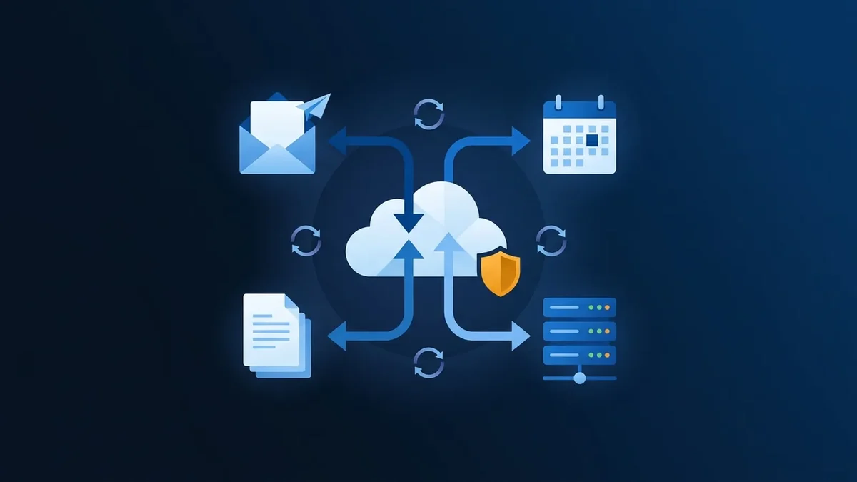 Illustration of a cloud connected to email, calendar, documents and a server, with sync arrows and a security shield