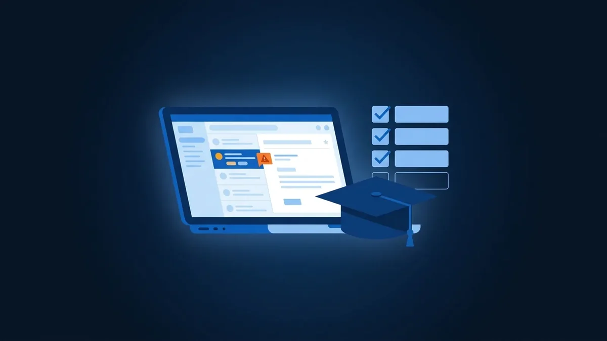 Illustration of a laptop showing a flagged suspicious email, beside a graduation cap and a training checklist
