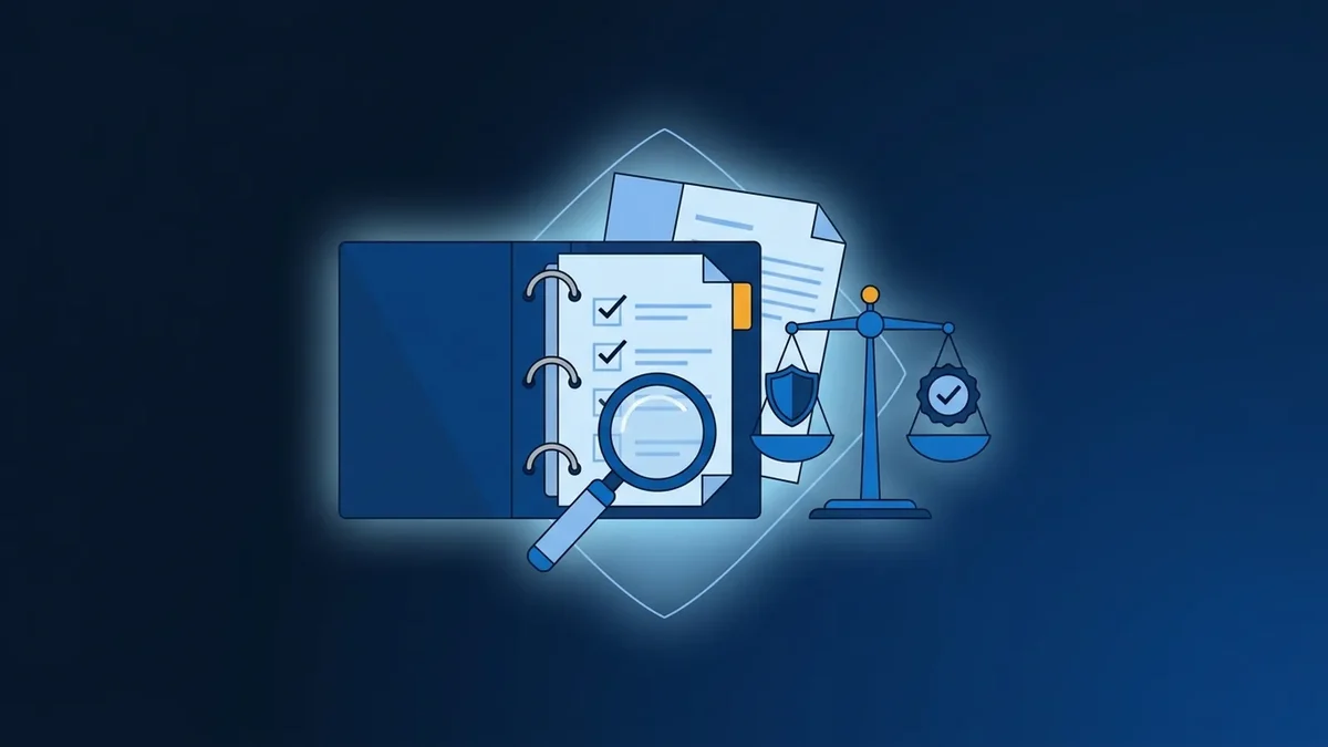 Illustration of a compliance binder and checklist with a magnifying glass, a balance scale and an approval seal