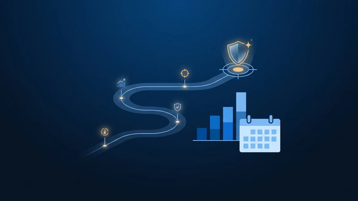 Illustration of an IT roadmap with milestones leading to a goal, beside a budget chart and a calendar