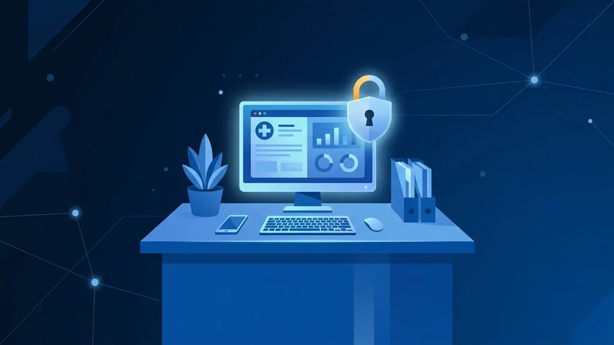 Illustration of a medical front desk workstation showing a patient record, protected by a padlock