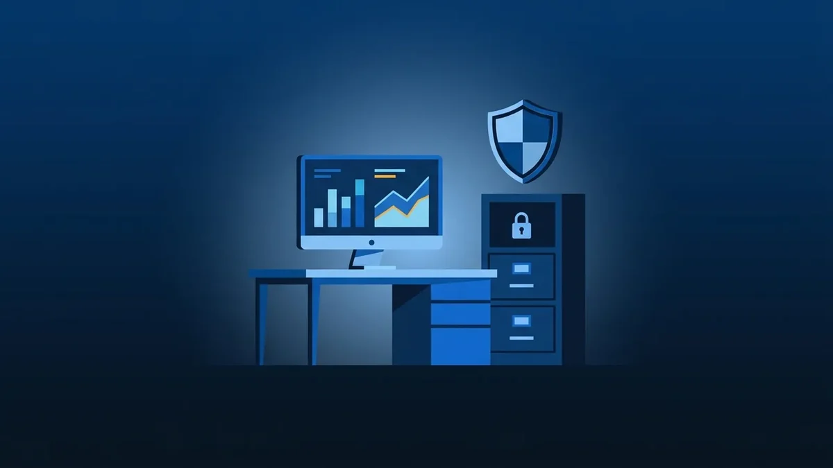 Illustration of a financial office desk with charts on a monitor, a locked records cabinet and a security shield