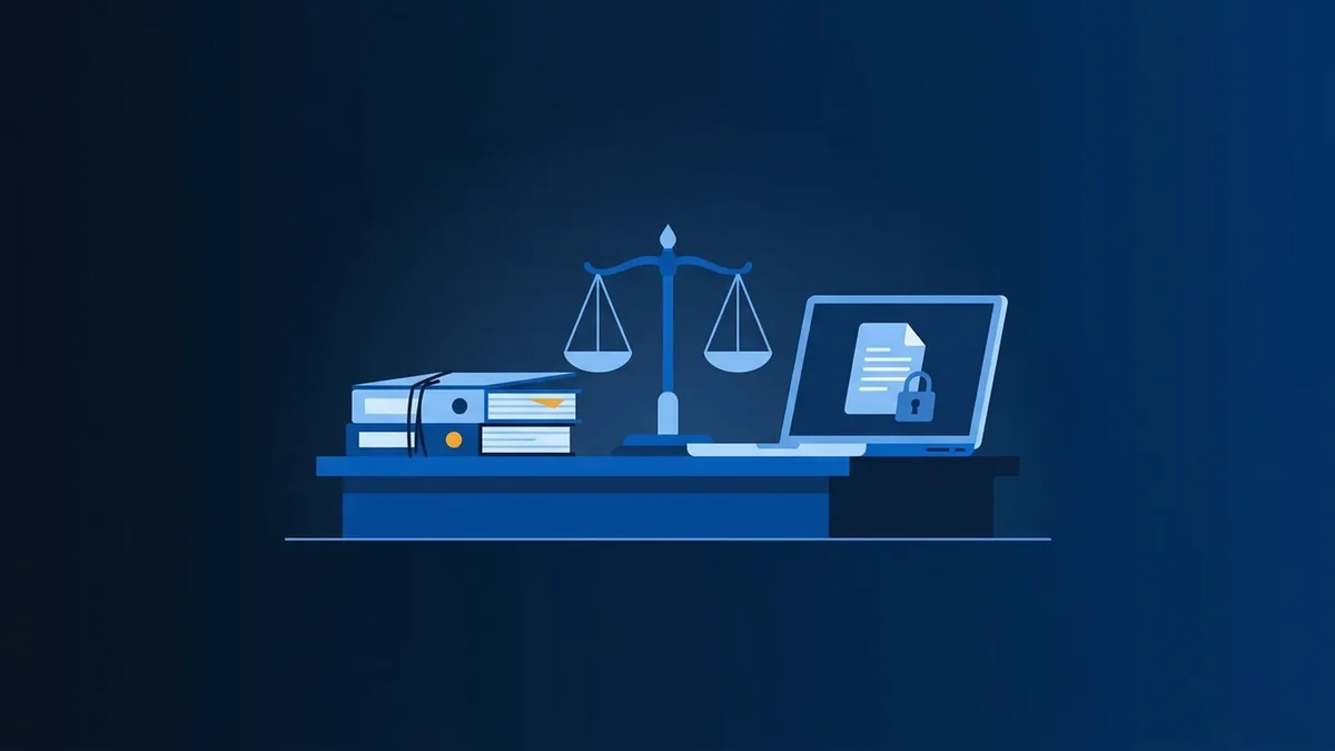 Illustration of a law office desk with case files, a balance scale and a laptop showing a locked document