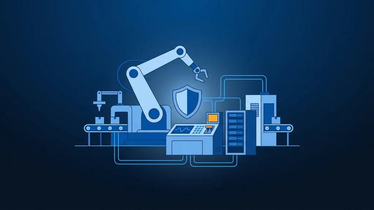 Illustration of a factory floor with a robotic arm and machines networked to a control panel and server rack