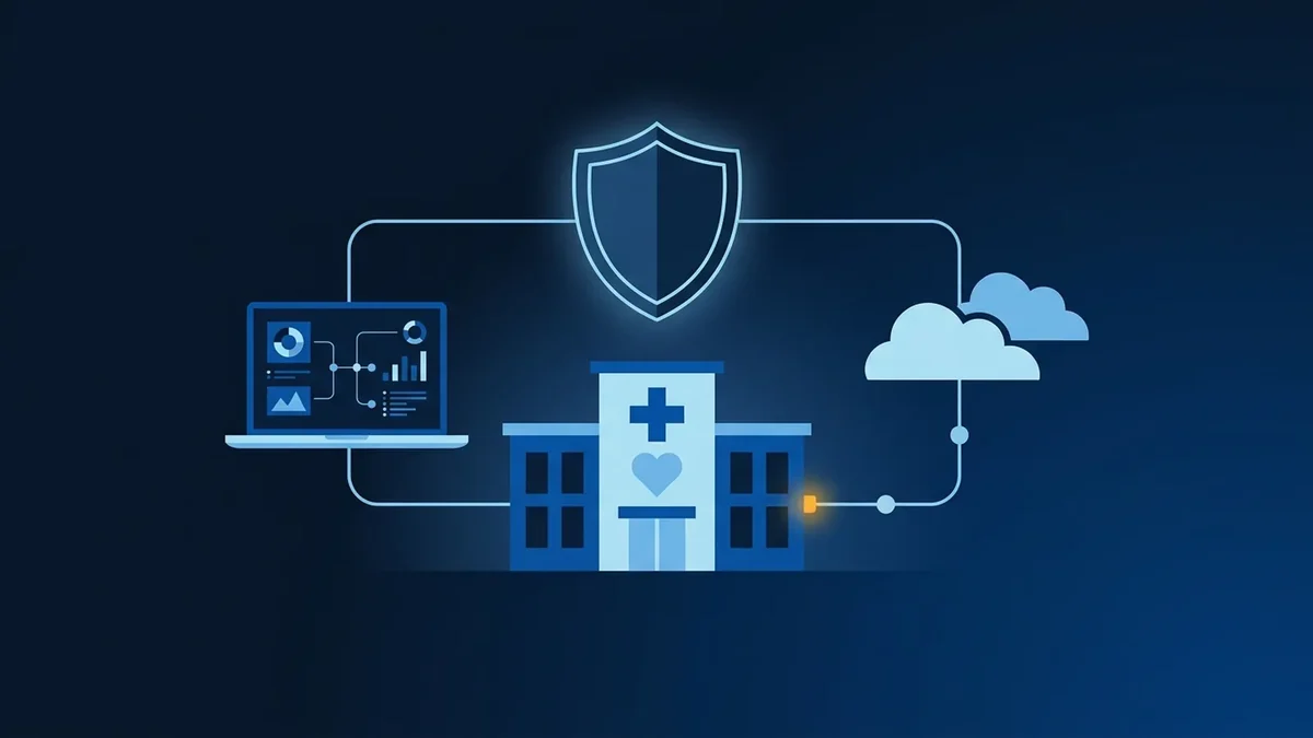 Illustration of a community health center connected to a laptop and the cloud, protected by a security shield