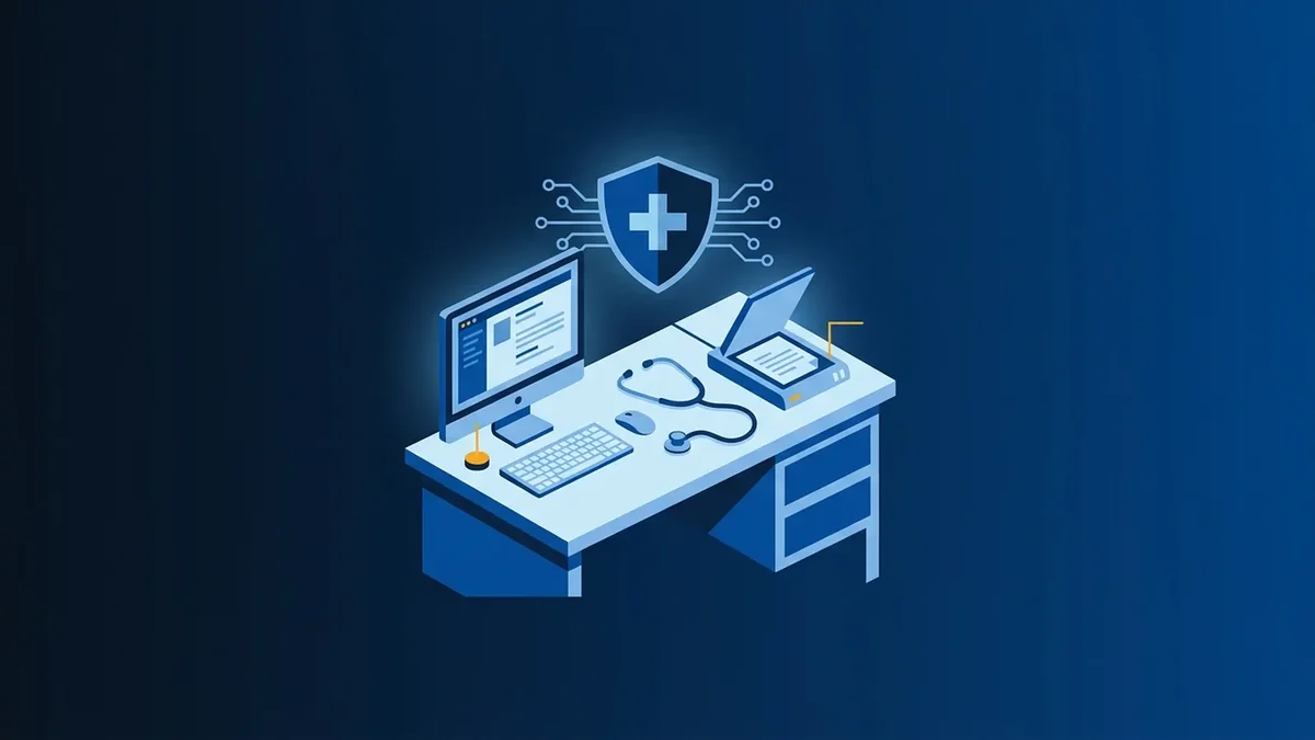 Illustration of a primary care exam room desk with a computer, a stethoscope and a document scanner