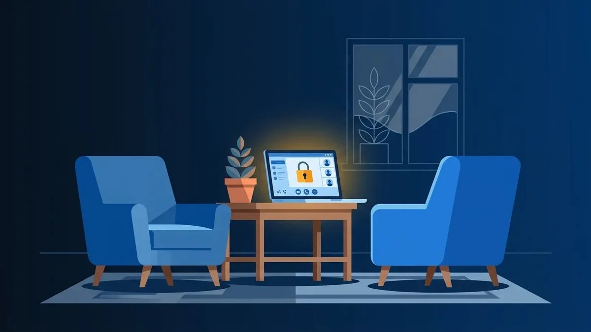 Illustration of a counseling room with two armchairs and a laptop showing a secure telehealth session
